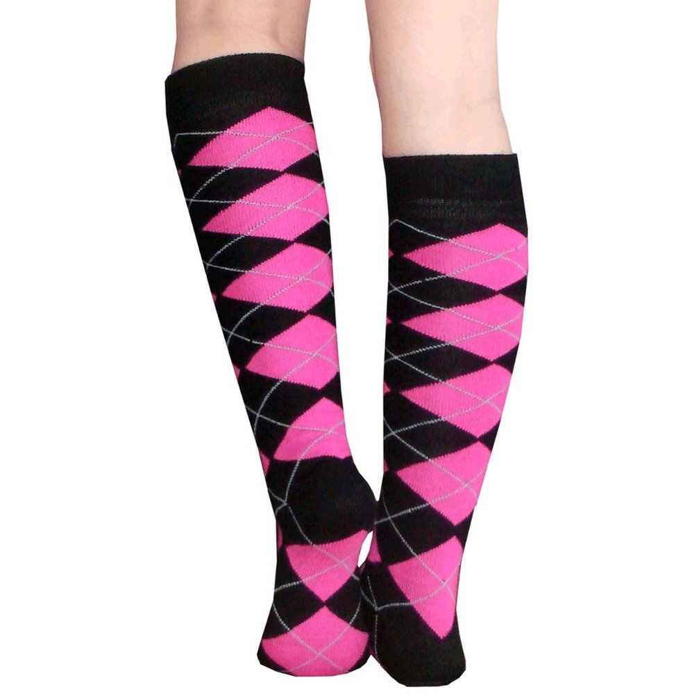 Black/Neon Pink Argyle Socks